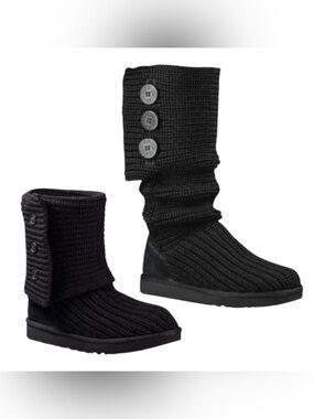 UGG Cardy Black Knit Button-Accent Fold Over Sweater Boots Woman’s 9